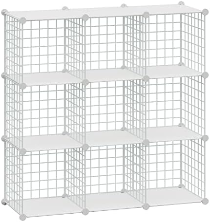 HUBSON Wire Cube Storage Organizer, Book/Toy/Craft/Potted Plants and petCloset Organizers and Storage Shelves, 9-Cube Freely Combinable Metal Grids Storage Shelf,White Plus Iron