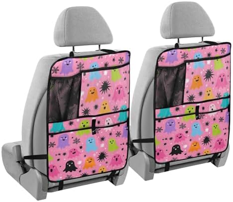 1 Pack Back Seat Car Organizer with Storage Pockets Kick Mats Back Seat Protector Hanging Car Organizer Automotive Seat Back Cover Organizers Hot Pink Halloween Ghost Snowflakes