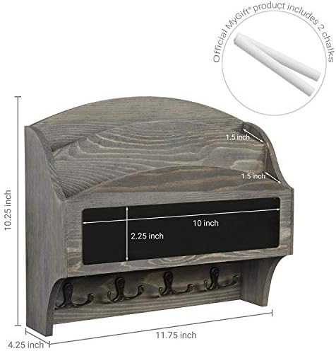 MyGift 2-Compartment Vintage Gray Wood Wall Mounted Entryway Mail Organizer Letter Sorter with Chalkboard Label Surface and 4 Double Key Hooks