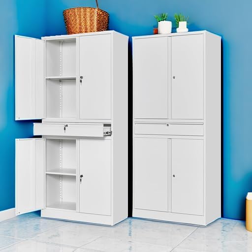 Metal Garage Storage Cabinet with Drawer,4 Door Tool Cabinet with Lock-2 Adjustable Shelves for Garage Home Office Utility Room (White)