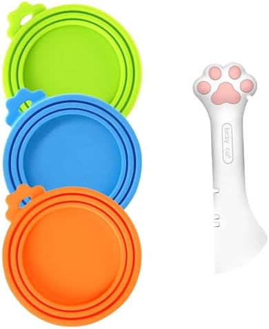 Cat Wet Food Spoon with Can Lids 3 oz | Multi-Function Cute Paw Shape Opener Spatula Cat Spoon Silicone Pet Covers (Universal Size,One fit 3 Standard Size Pet Cans)