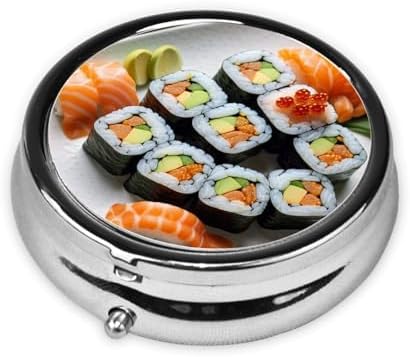 ZhongGuo Delicious Sushi Printed Pill Organizer,Round Travel Pill Organizer Mini Medicine Pill Box for Purse Iron Plating