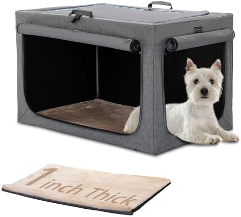 PETSFIT Portable Dog Crate for Small Dogs, – 24" Soft Dog Travel Crates with Lockable Zippers & Thicken Mat, Adjustable Patented Spiral Steel Frame, Collapsible Kennel for Indoor & Outdoor