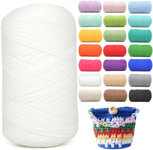 400g Tshirt Yarn for Crochet,White T Shirt Soft Elastic Fabric Chunky Thick T-Shirt Crochet Yarn for Crocheting Knitting Beginner Hand Knitting for Bag/DIY Craft/Home Decor-White