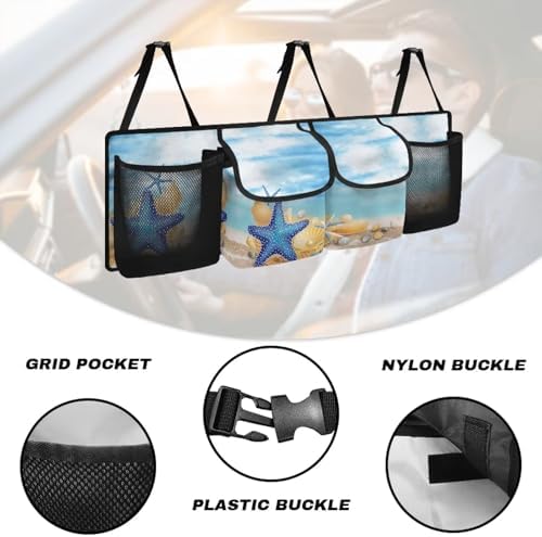 Dreaweet Blue Beach Trunk Organizer for Car Women Back Seat Hanging Organizer with 4 Pockets Portable Collapsible Trunk Organizer for SUV Sedan Van Car Storage Accessories Interior
