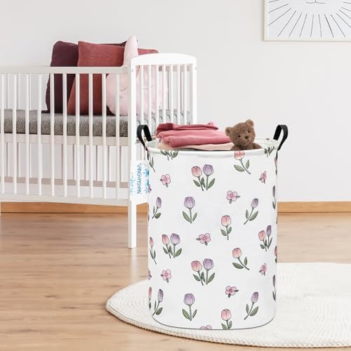 Round Laundry Basket Collapsible Storage Hamper Organizer Romantic Tulip | Waterproof Canvas Foldable Baskets with sturdy Handles Multi-scene Organizer for Home Play Bedroom Gift Bin