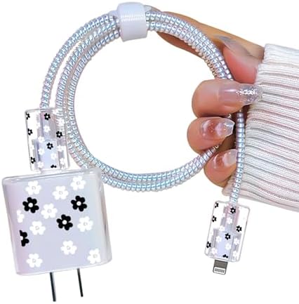 Cute Flowers Cable Protector for iPhone Adapter Charger,Kawaii Little Daisy Design, Soft TPU Clear Data Cable Case Data Line Cord Saver Charger Protective Case for iPhone 11 12 13 14 15 Pro Max