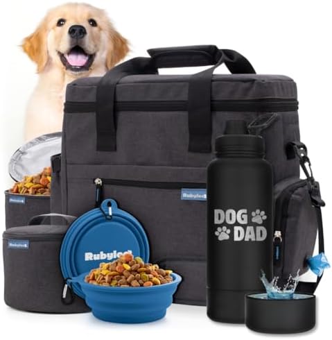 Rubyloo The Original Doggy Bag (Charcoal) & 32oz Insulated Water Bottle with Attached 8oz Bowl (Dog Dad) – Dog Travel Bag & Hydration Set