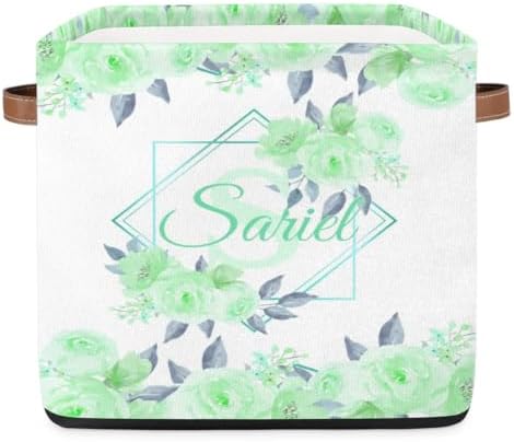 Personalized Storage Baskets for Organizing, Foldable Storage Bins with Handles Custom Cute Basket for Boys, Girls, Pet, Clothes, Blanket, Bedroom Nursery Toy Storage Gift,13 x13 x13 In, Green Flower