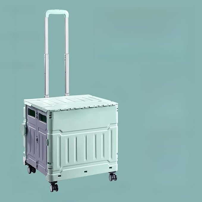 Collapsible Shopping Box Trolley on Wheels with Lid,75L Large Capacity Folding Portable Rolling Crate Handcart with Telescopic Handle for Camping (Green,Four Wheel Large)