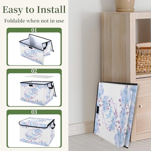 Blue Floral Storage Bin with Lid Personalized Storage Baskets for Organizing Foldable Closet Organizers with Handles,Cute Basket for Boys Girls for Clothes Blanket Pet Dog Toy Basket Storage (1 Pack)