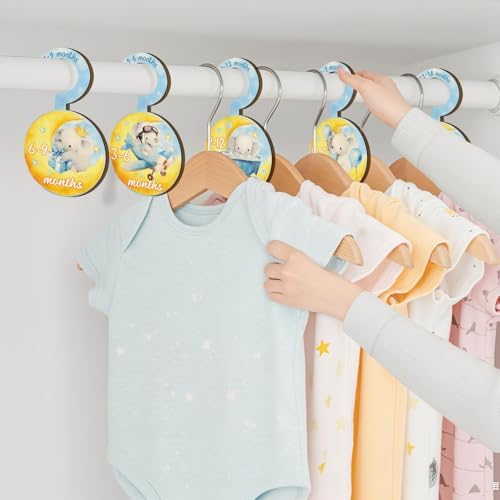Baby Clothes Dividers for Closet - Set of 8 Wooden Baby Size Closet Dividers Newborn to 24 Months, Newborn Organizer for Boys & Girls - Adorable Moon Elephant Baby Nursery Decor Kit New Parents Gifts