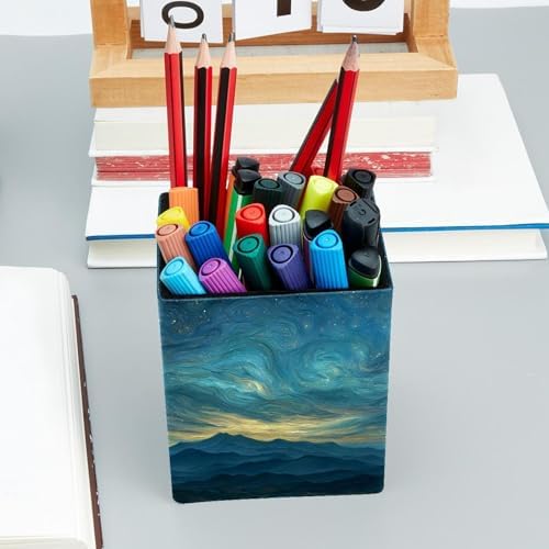 Mountain and Starry Sky Pen Holder for Desk Decor, Rectangular PVC Leather Pencil Cup for Desk Pen Organizer, Makeup Brush Holder for School, Home, Office