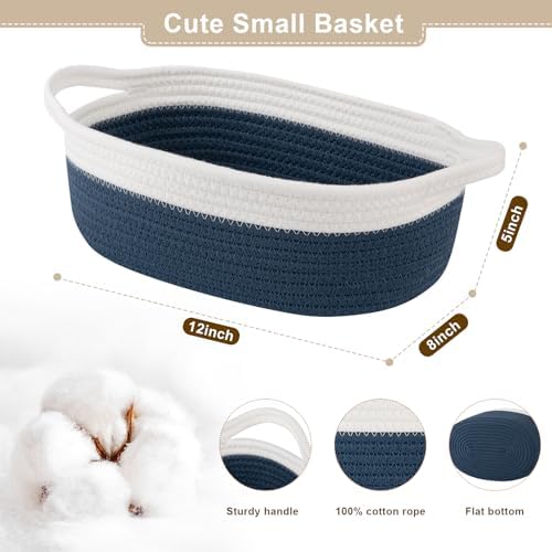 OIAHOMY Gift Basket Empty with Handle, 12"x 8"x 5" Small Woven Basket with Gift Bag, Ribbon and Wrap Tissue Paper, Dog Toy Storage for Organizing - Blue & White
