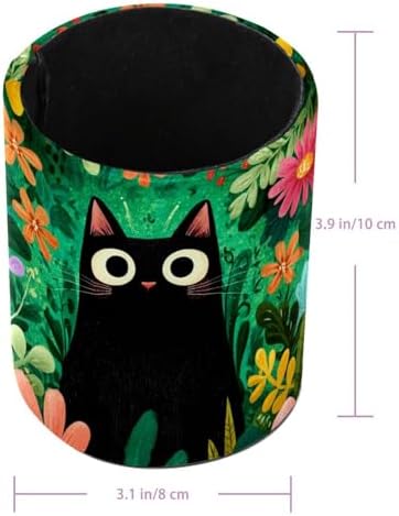Faux Leather Pen Holder for Desk, Pencil Organizer Black Cat Pen Cup Desk Decor Makeup Brush Holder Storage for Office Home