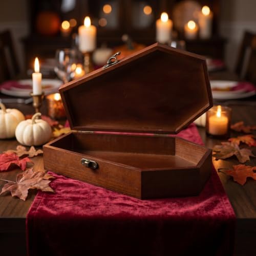 Halloween Coffin Shaped Wood Keepsake Box with Hinged Lid, Multifunctional Candy and Necklace Storage Container for Holiday and Heartfelt Commemorations, Gothic Inspired Brown