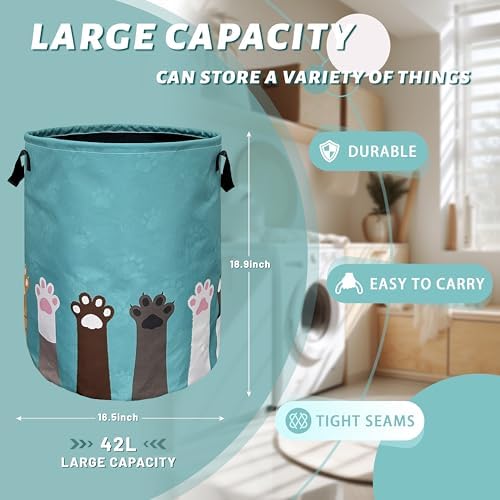 Cat Dog Paw Laundry Basket Foldable Oxford Cloth Hamper 18.9 x16.5"