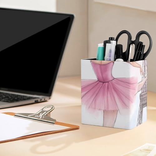 Cute Desktop Stationery Organizer Makeup Brush Cup Ballet Dancer Ballerina Eiffel Tower Leather Pen Holder