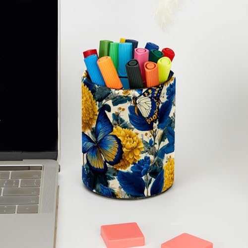 Faux Leather Pen Holder for Desk, Pencil Organizer Butterfly Pen Cup Desk Decor Makeup Brush Holder Storage for Office Home