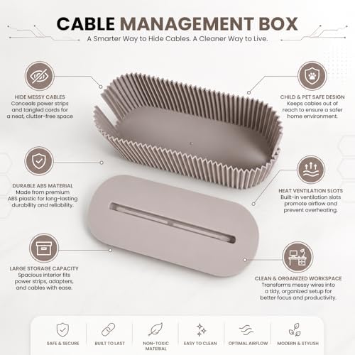 Cable Management Box – Home & Office Desk Cord Organizer Hide Power Strip & Under Desk TV Computer Wire Pet Friendly Child-Proof Floor Cord Management Cover - Beige
