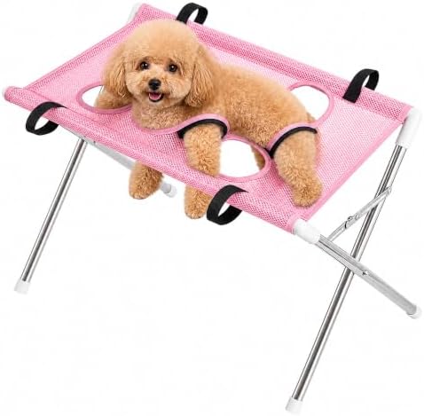 Foldable Pet Bathing Stand, Pet Grooming Hammock with Quick-Dry Mesh, 8-Hole Design, Metal Frame & Securing Strap for Small Dogs Cats Washing, Nail Trimming, Brushing (Pink)