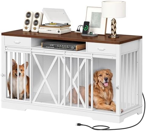 DWVO 63" Double Dog Crate Furniture for 2 Dogs with Charging Station