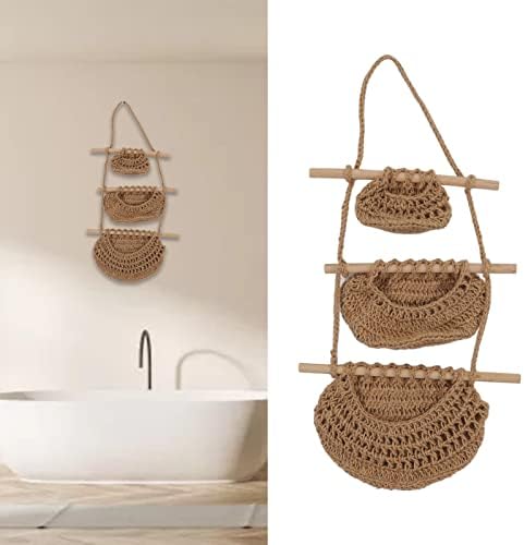 Hanging Fruit Basket 3 Tier Wall Mounted Handcraft Hemp Rope Wood 3 Tier Hanging Wall Basket for Toys Pet Plush Toys Dolls , Over the Door Hanging Basket , 3 hanging basket nursery organizers and s