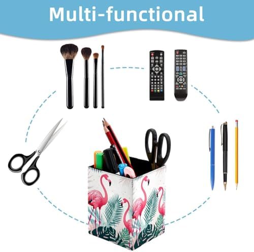Flamingo and Palm Leaves Pen Holder for Desk Decor, Rectangular PVC Leather Pencil Cup for Desk Pen Organizer, Makeup Brush Holder for School, Home, Office