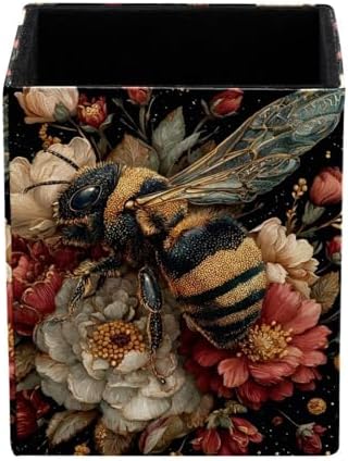 Cute Bee Pen Holder for Desk Decor, Rectangular PVC Leather Pencil Cup for Desk Pen Organizer, Makeup Brush Holder for School, Home, Office