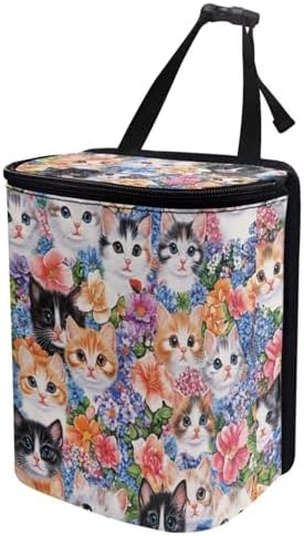 DISNIMO Flower Cats Car Trash Can with Lid Leak Proof Trash Bin Garbage Bag Collapsible Automatic Portable Trash Can Easy to Clean Used in Car Home Office