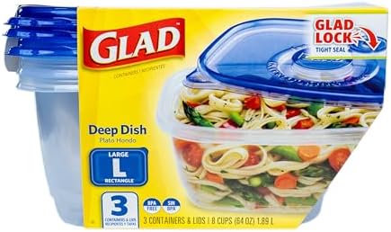 Glad GladWare Deep Dish Food Storage Containers, 64 Oz, 3 Count, 6-Pack | Lock-tight seal for soups, salads, and meal prep in a large rectangle format; microwave and dishwasher safe