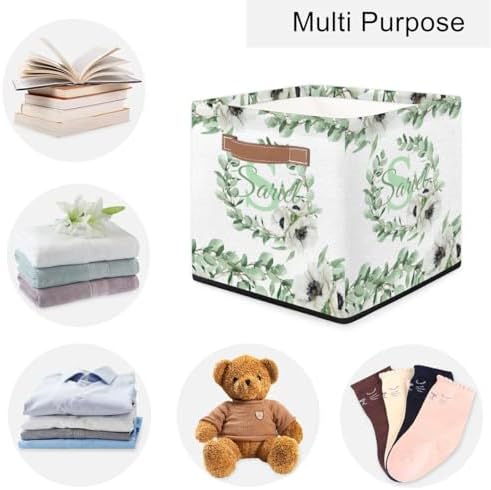 Personalized Storage Baskets for Organizing, Foldable Storage Bins with Handles Custom Cute Basket for Boys, Girls, Pet, Clothes, Blanket, Bedroom Nursery Toy Storage Gift, Eucalyptus Leaves
