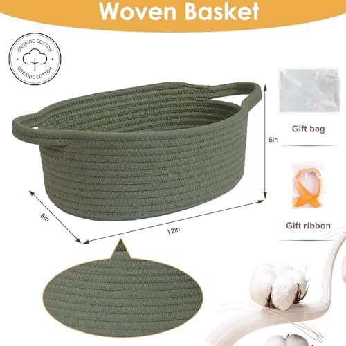 Small Woven Basket with Gift Bags and Ribbons Durable Cotton Rope Basket for Halloween Gifts Empty Storage Basket 12"X 8" X 5" Baby Toy Basket with Handles, Green