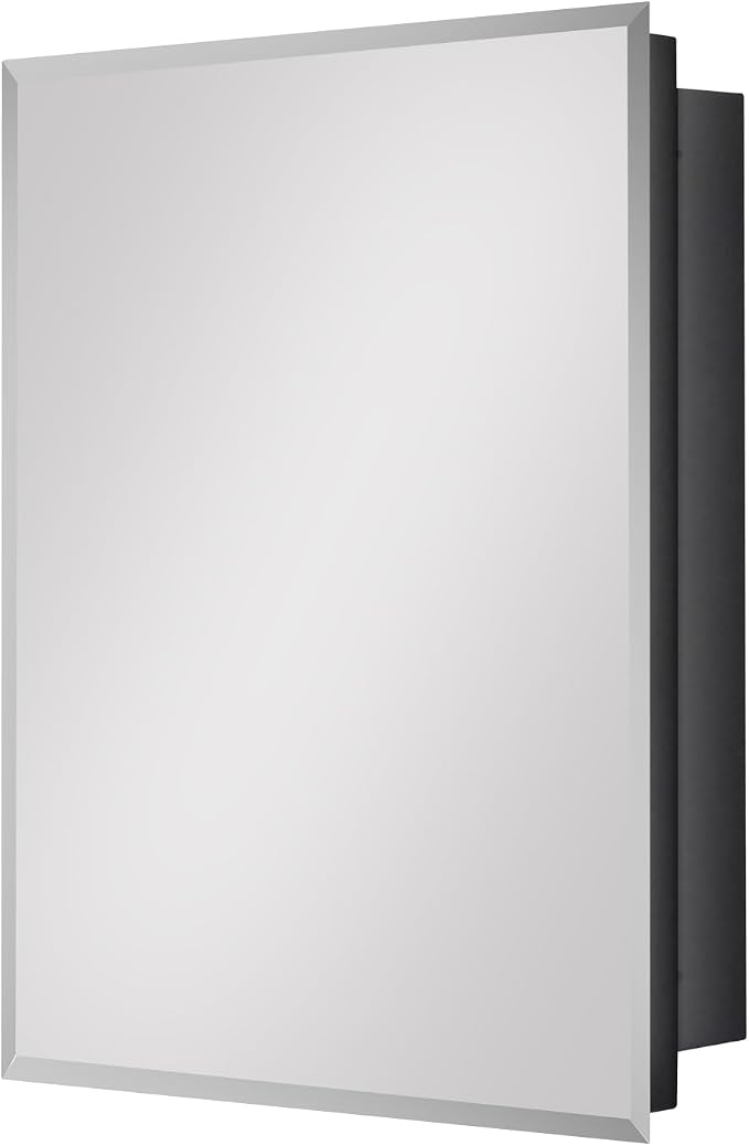 Black Metal Medicine Cabinet With Mirror, 16 x 20 Recessed Bathroom Storage | Recessed or Surface Mount Beveled Mirror Cabinet with Adjustable Staggered Shelves, Piano Hinge, Reversible Door, Powder Coat