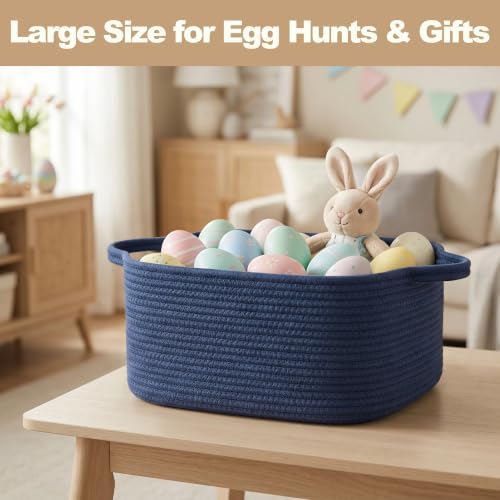 Large Blue Storage Basket, 16.5" x 12.5" x 7" Big Gift Basket Empty, Rectangular Woven Cotton Rope Bin with Handle for Gift, Kids Dog Toy Box, Baby Nursery Organizer, Navy Blue Home Decor