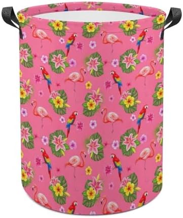 Waterproof Collapsible Hamper Flamingos Flower Parrot Palm Pink Summer Holiday, Large Capacity Laundry Basket with Handles for Clothing, Toy, and Home Organization