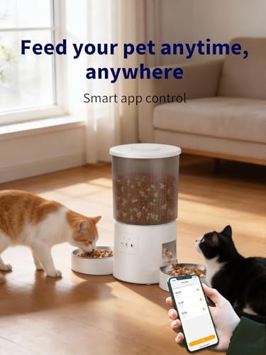 Automatic Cat Feeder, 2.4GHz WiFi Automatic Dog Food Dispenser, Fresh Protection, 4.5L Timer Feeder, Personalized Recording 10 Seconds, Easy to Clean, Stainless Steel Bowl (Double/White)