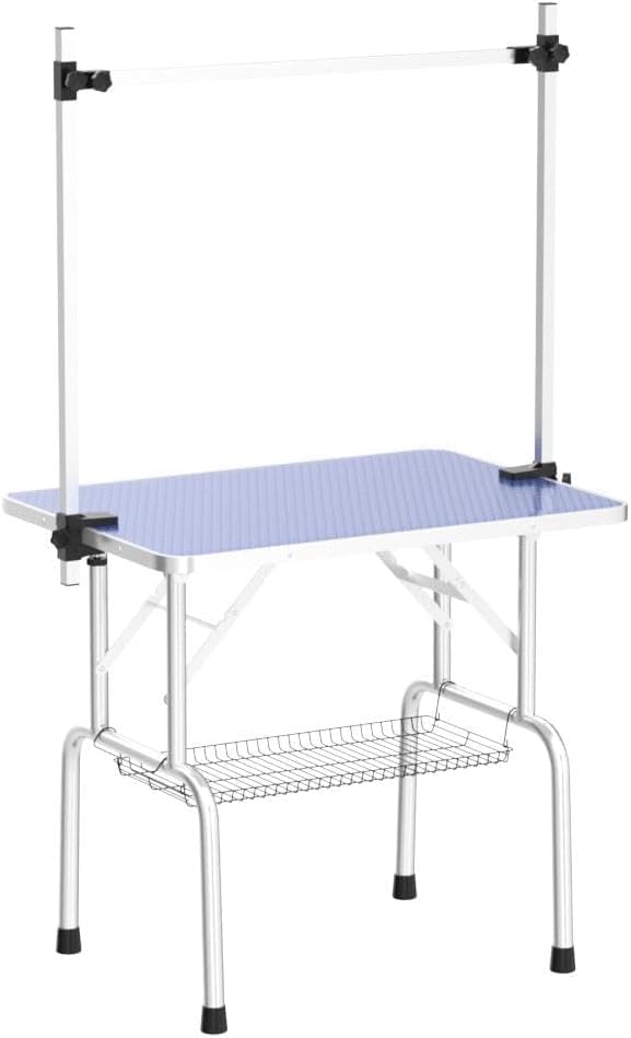 42'' Stainless Steel Pet Dog Grooming Table, Arm/Noose/Tray, Blue | Foldable Dog Grooming Table for Dogs at Home, Adjustable Height Arm, Non-Slip Waterproof Tabletop, Capacity 330Lb