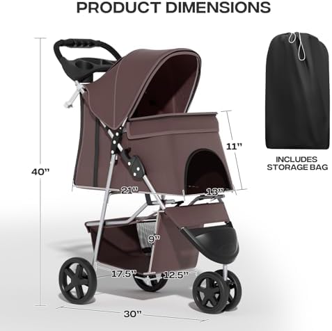 Foldable 3-Wheel Pet Stroller for Small/Medium Dogs & Cats, Coffee | Storage Basket & Cup Holder, Breathable Mesh Cover, Lightweight and Durable, for Small to Medium Pets, up to 33 lbs