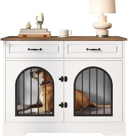 43.3" Dog Crate Furniture with 2 Storage Drawers & Side Access | Heavy Duty Wooden Dog Kennel, Chew-Resistant Wooden Pet House Cage for Medium Large Dogs