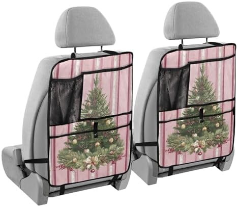 1 Pack Back Seat Car Organizer with Storage Pockets Kick Mats Back Seat Protector Hanging Car Organizer Automotive Seat Back Cover Organizers Cute Pink Striped Christmas Tree
