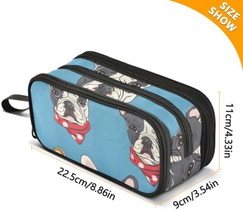 Pencil Case with Handle, Large Capacity Zipper Pencil Bag with 3 Compartments,Dog Seamless French Bulldog Vector Pet Puppy Cartoon Gift Pencil Pouch Organizer for Teen Girls Boy School&Colle