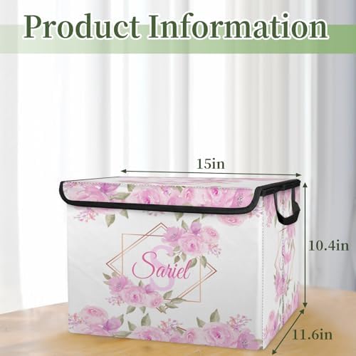 Pink Floral Storage Bin with Lid Personalized Storage Baskets for Organizing Foldable Closet Organizers with Handles,Cute Basket for Boys Girls for Clothes Blanket Pet Dog Toy Basket Storage (1 Pack)