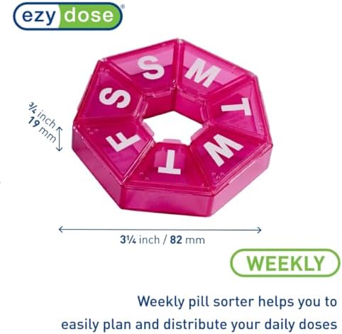 Ezy Dose Weekly (7-Day) Pill Organizer, 7-Sided Medicine Planner, Pink | Compact Daily Round Vitamin & Supplement Medicine Case, Convenient and Easy to Use, Travel-Friendly Container, BPA-Free