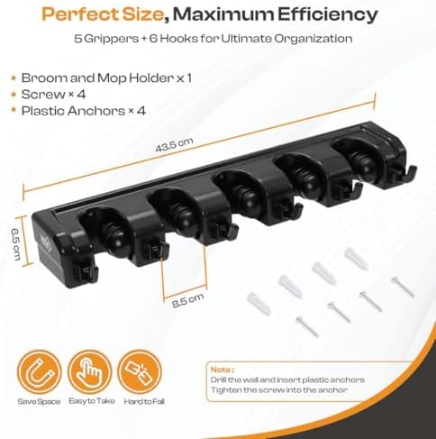 ABS Plastic Broom Holder Wall Mount, 5 Slots & 6 Hooks | Waterproof organizer for mops, brooms, rakes and tools, wall mount with screws for garage, laundry and garden