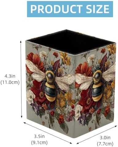 Cute Bee Pen Holder for Desk Decor, Rectangular PVC Leather Pencil Cup for Desk Pen Organizer, Makeup Brush Holder for School, Home, Office