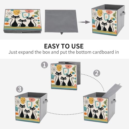 Cats Abstract Art Storage Bin with Handles, Oxford Fabric Foldable Storage Cube Organizer for Clothes, Towels, Bedroom, Living Room, Home Organization