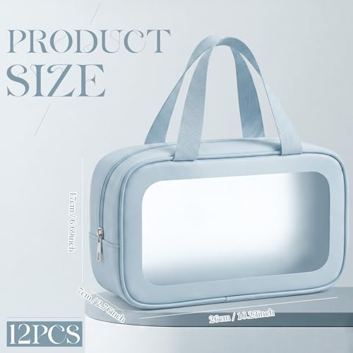 Abbylike 12 Pcs Clear Toiletry Bags with Handle for Women and Men, Matte Translucent Waterproof Cosmetic Bags with Zipper for Travel Toiletries Wash Shower Accessories Bachelorette Bridal Party(Blue)