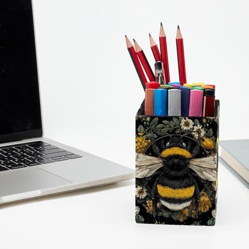 Cute Bee Pen Holder for Desk Decor, Rectangular PVC Leather Pencil Cup for Desk Pen Organizer, Makeup Brush Holder for School, Home, Office