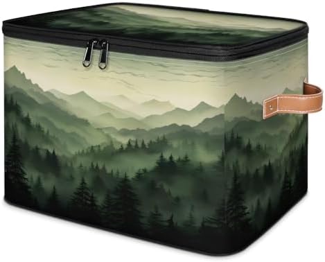 Green Misty Forest Collapsible Fabric Storage Bin with Lids | Storage Basket, Foldable, Waterproof, Handle, Large, Closet Organizer, Home, Nature Woodland